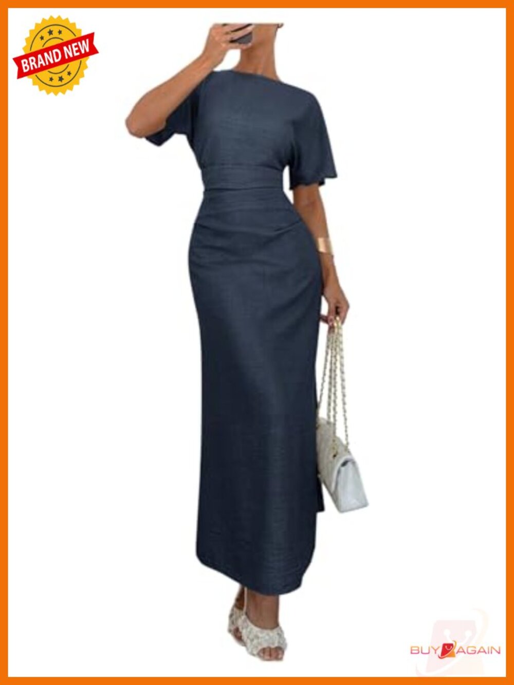 Textured Cinched Waist Slit Hem Maxi Dress Short Sleeve Office Formal